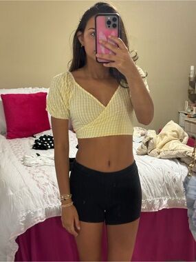 Yellow Gingham Wrap Crop Top with Puff Sleeves - Women's Summer Top